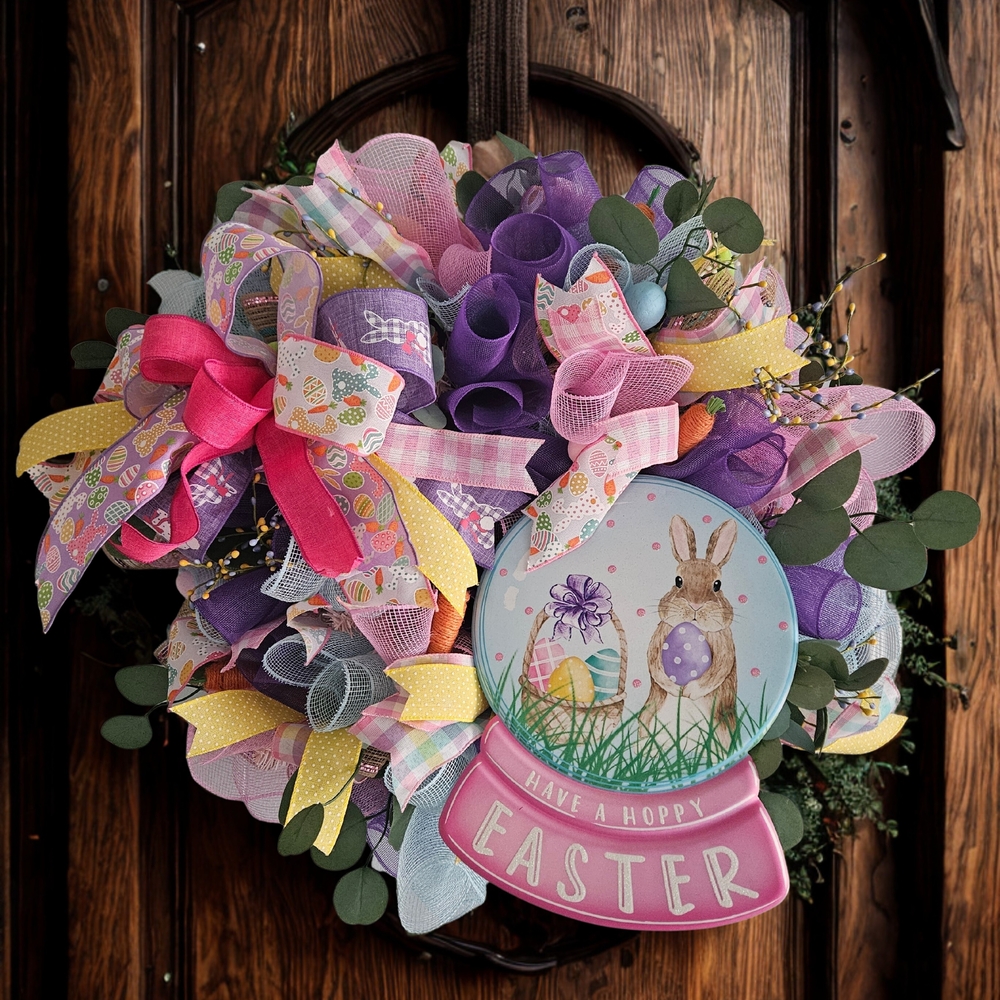Colorful Easter Door Wreath with Bunny Sign